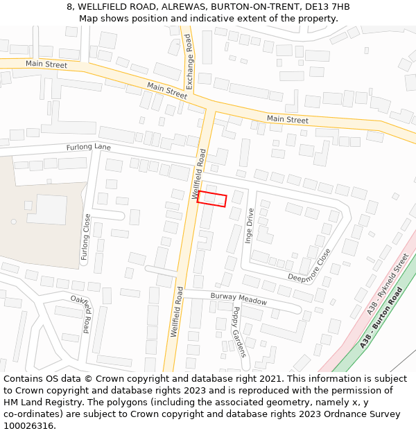 8, WELLFIELD ROAD, ALREWAS, BURTON-ON-TRENT, DE13 7HB: Location map and indicative extent of plot