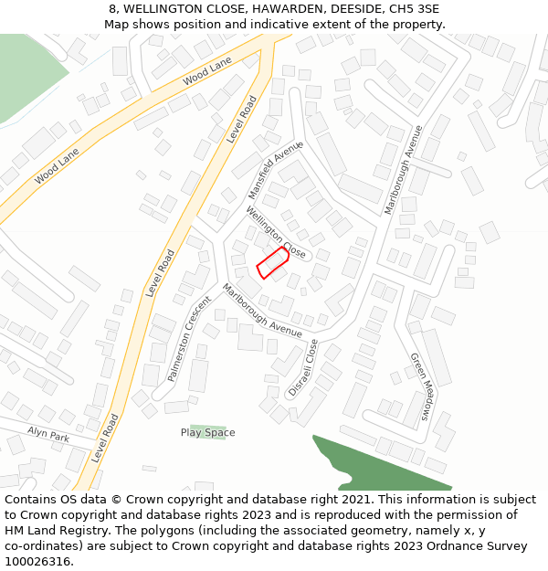 8, WELLINGTON CLOSE, HAWARDEN, DEESIDE, CH5 3SE: Location map and indicative extent of plot