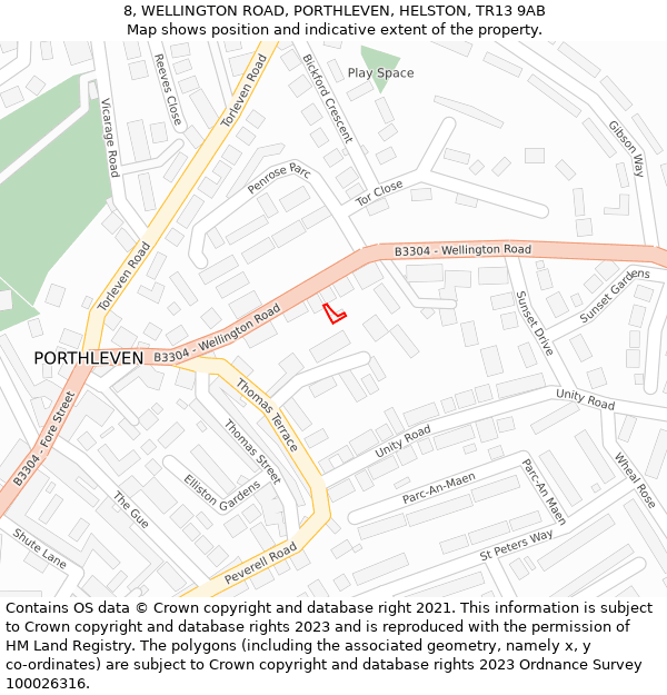 8, WELLINGTON ROAD, PORTHLEVEN, HELSTON, TR13 9AB: Location map and indicative extent of plot