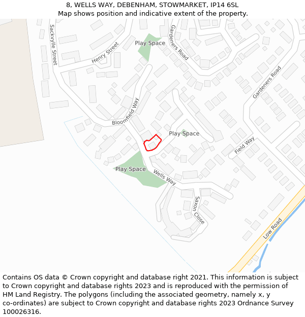 8, WELLS WAY, DEBENHAM, STOWMARKET, IP14 6SL: Location map and indicative extent of plot