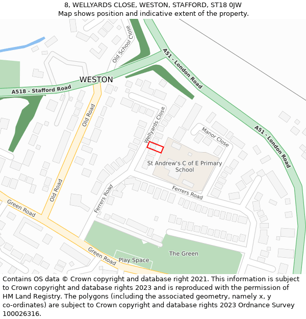 8, WELLYARDS CLOSE, WESTON, STAFFORD, ST18 0JW: Location map and indicative extent of plot