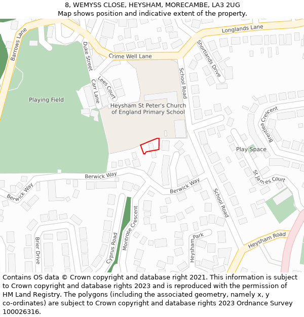 8, WEMYSS CLOSE, HEYSHAM, MORECAMBE, LA3 2UG: Location map and indicative extent of plot