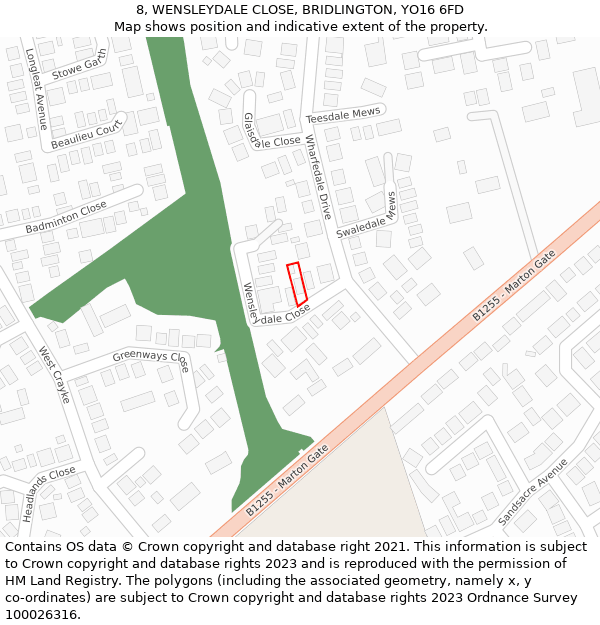 8, WENSLEYDALE CLOSE, BRIDLINGTON, YO16 6FD: Location map and indicative extent of plot