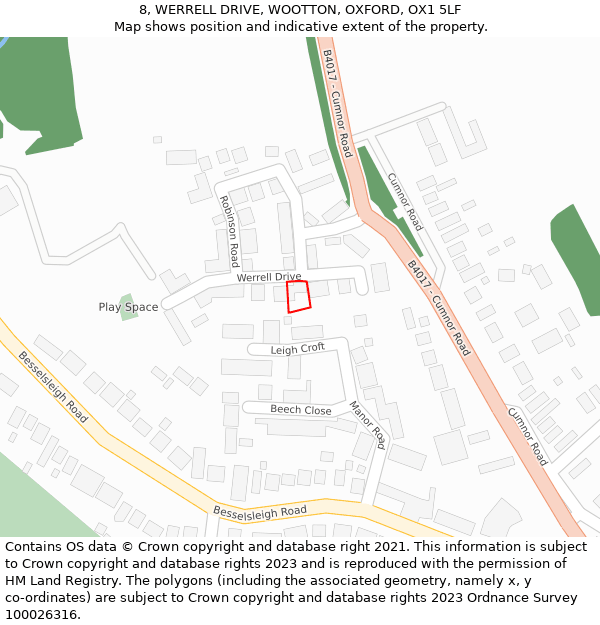 8, WERRELL DRIVE, WOOTTON, OXFORD, OX1 5LF: Location map and indicative extent of plot