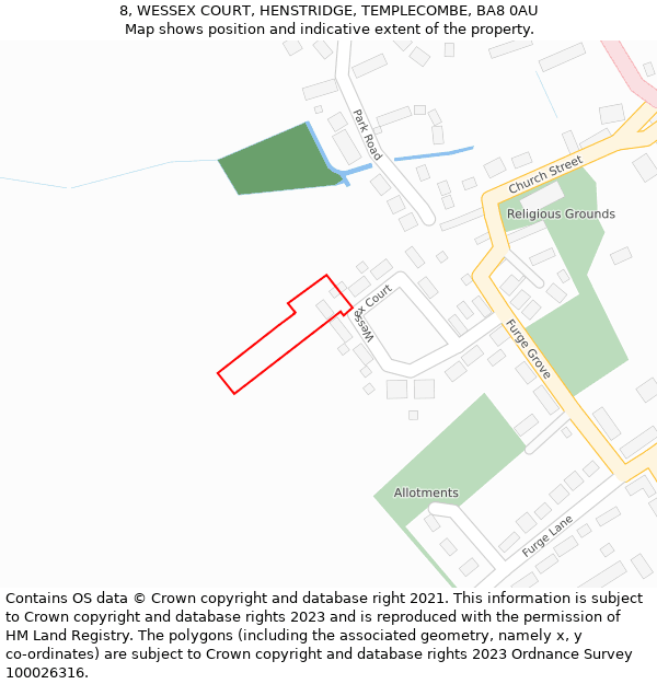 8, WESSEX COURT, HENSTRIDGE, TEMPLECOMBE, BA8 0AU: Location map and indicative extent of plot