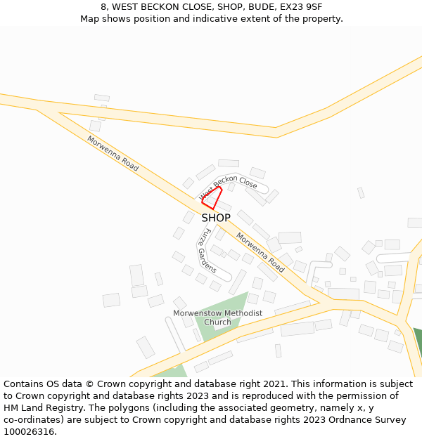 8, WEST BECKON CLOSE, SHOP, BUDE, EX23 9SF: Location map and indicative extent of plot