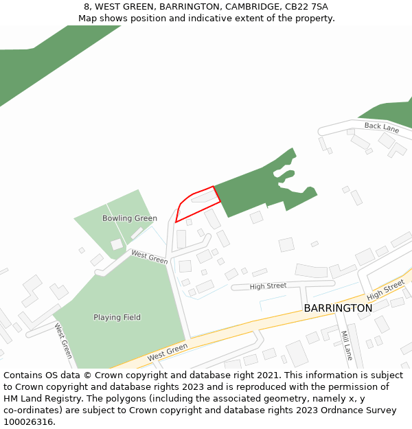 8, WEST GREEN, BARRINGTON, CAMBRIDGE, CB22 7SA: Location map and indicative extent of plot