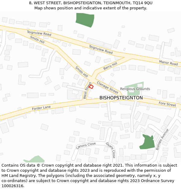 8, WEST STREET, BISHOPSTEIGNTON, TEIGNMOUTH, TQ14 9QU: Location map and indicative extent of plot