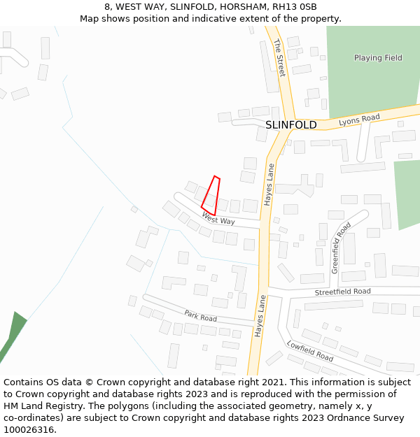 8, WEST WAY, SLINFOLD, HORSHAM, RH13 0SB: Location map and indicative extent of plot