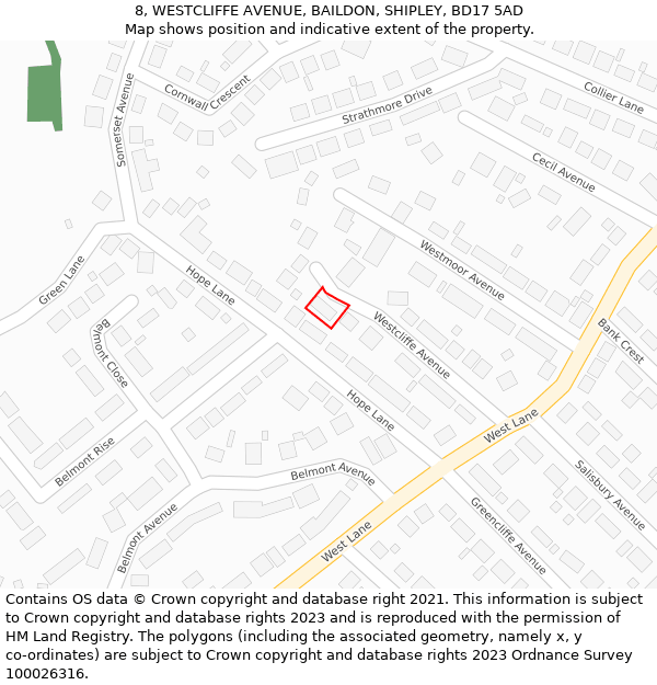 8, WESTCLIFFE AVENUE, BAILDON, SHIPLEY, BD17 5AD: Location map and indicative extent of plot