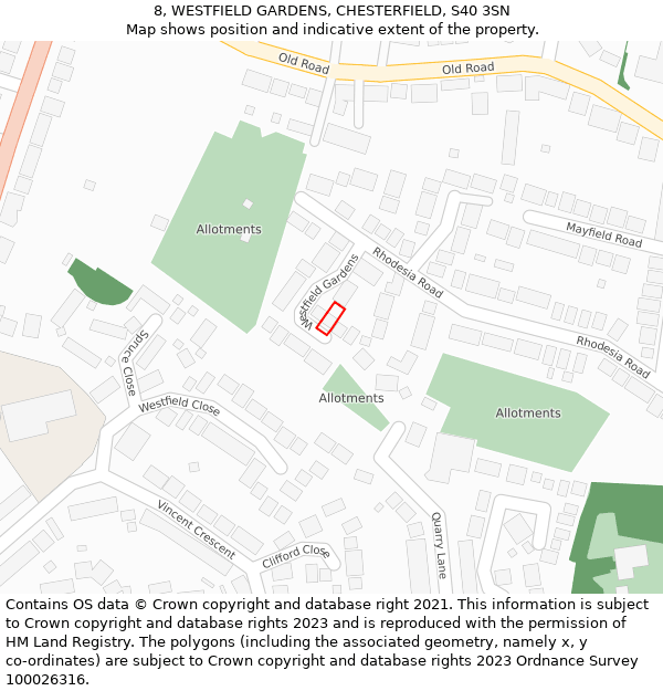 8, WESTFIELD GARDENS, CHESTERFIELD, S40 3SN: Location map and indicative extent of plot