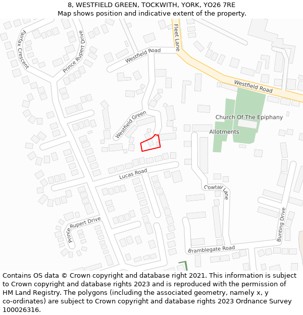 8, WESTFIELD GREEN, TOCKWITH, YORK, YO26 7RE: Location map and indicative extent of plot