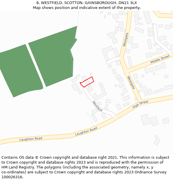 8, WESTFIELD, SCOTTON, GAINSBOROUGH, DN21 3LX: Location map and indicative extent of plot