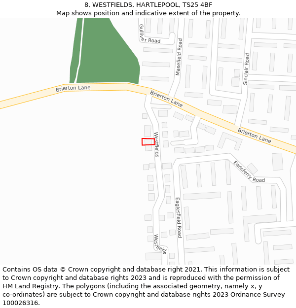 8, WESTFIELDS, HARTLEPOOL, TS25 4BF: Location map and indicative extent of plot