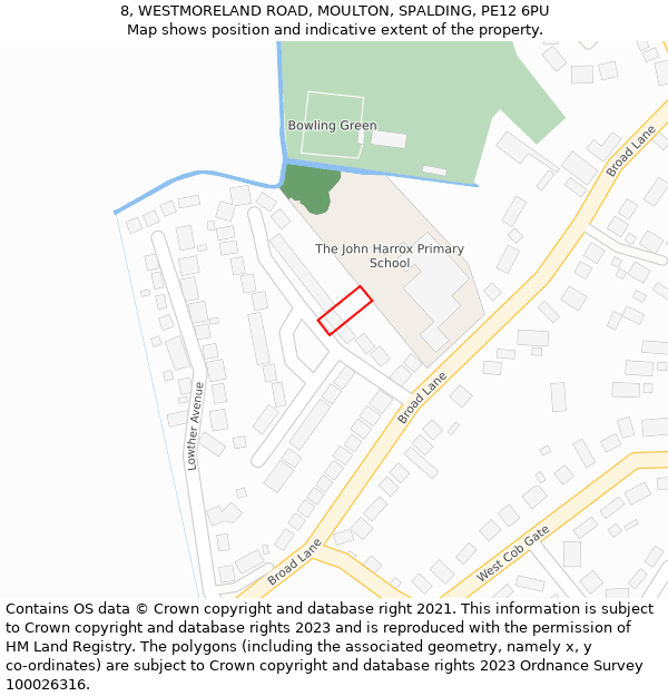 8, WESTMORELAND ROAD, MOULTON, SPALDING, PE12 6PU: Location map and indicative extent of plot