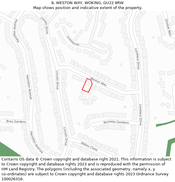 8, WESTON WAY, WOKING, GU22 8RW: Location map and indicative extent of plot