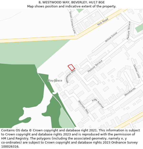 8, WESTWOOD WAY, BEVERLEY, HU17 8GE: Location map and indicative extent of plot