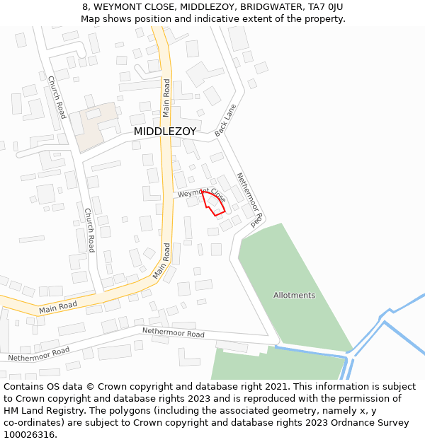 8, WEYMONT CLOSE, MIDDLEZOY, BRIDGWATER, TA7 0JU: Location map and indicative extent of plot