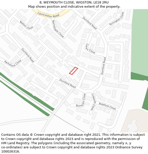 8, WEYMOUTH CLOSE, WIGSTON, LE18 2RU: Location map and indicative extent of plot