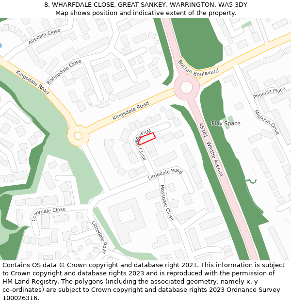 8, WHARFDALE CLOSE, GREAT SANKEY, WARRINGTON, WA5 3DY: Location map and indicative extent of plot