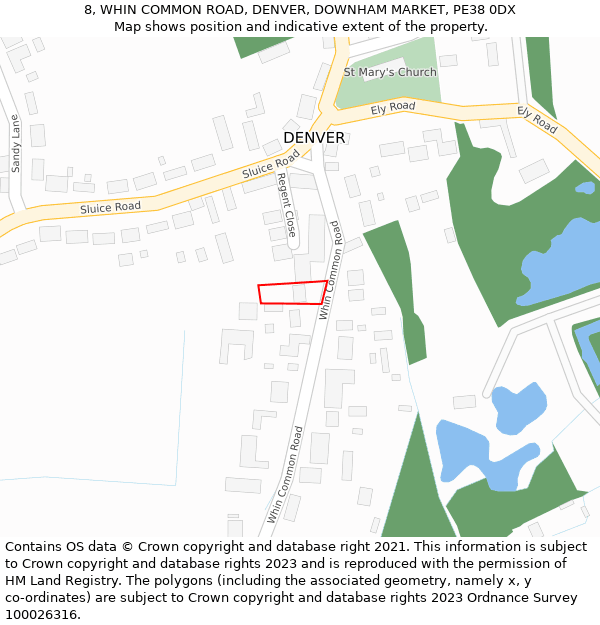 8, WHIN COMMON ROAD, DENVER, DOWNHAM MARKET, PE38 0DX: Location map and indicative extent of plot