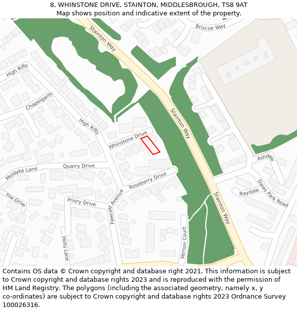 8, WHINSTONE DRIVE, STAINTON, MIDDLESBROUGH, TS8 9AT: Location map and indicative extent of plot