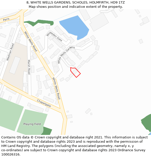 8, WHITE WELLS GARDENS, SCHOLES, HOLMFIRTH, HD9 1TZ: Location map and indicative extent of plot