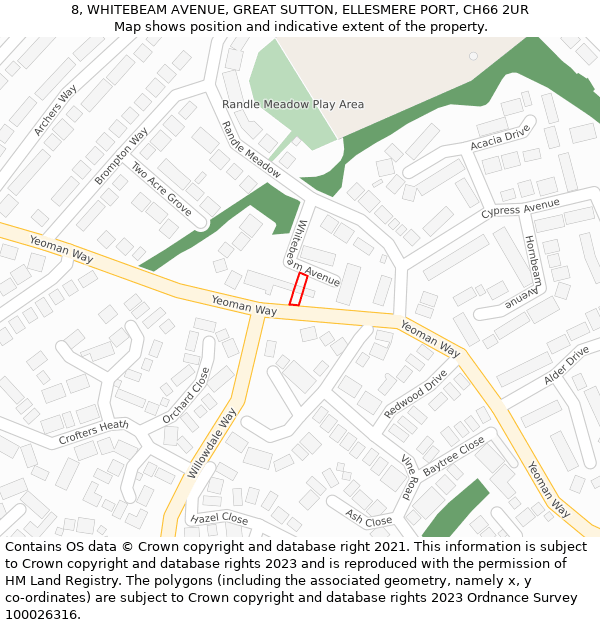 8, WHITEBEAM AVENUE, GREAT SUTTON, ELLESMERE PORT, CH66 2UR: Location map and indicative extent of plot