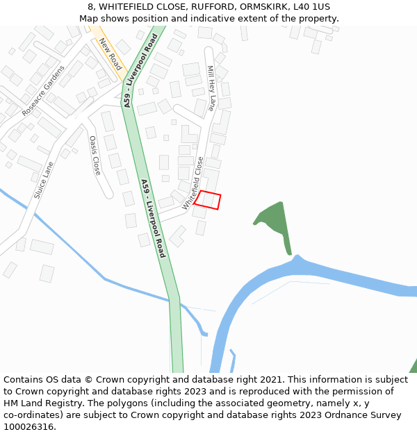 8, WHITEFIELD CLOSE, RUFFORD, ORMSKIRK, L40 1US: Location map and indicative extent of plot