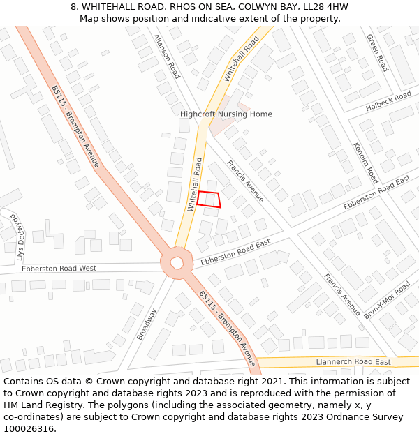 8, WHITEHALL ROAD, RHOS ON SEA, COLWYN BAY, LL28 4HW: Location map and indicative extent of plot