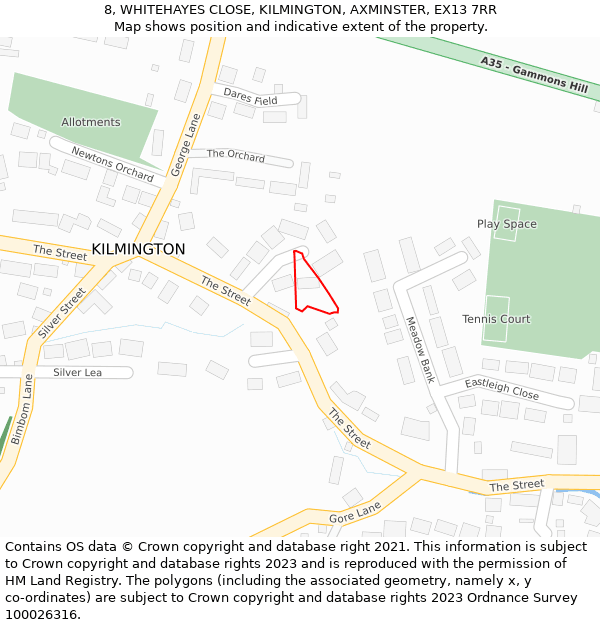 8, WHITEHAYES CLOSE, KILMINGTON, AXMINSTER, EX13 7RR: Location map and indicative extent of plot