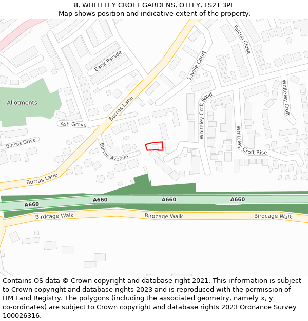 8, WHITELEY CROFT GARDENS, OTLEY, LS21 3PF: Location map and indicative extent of plot