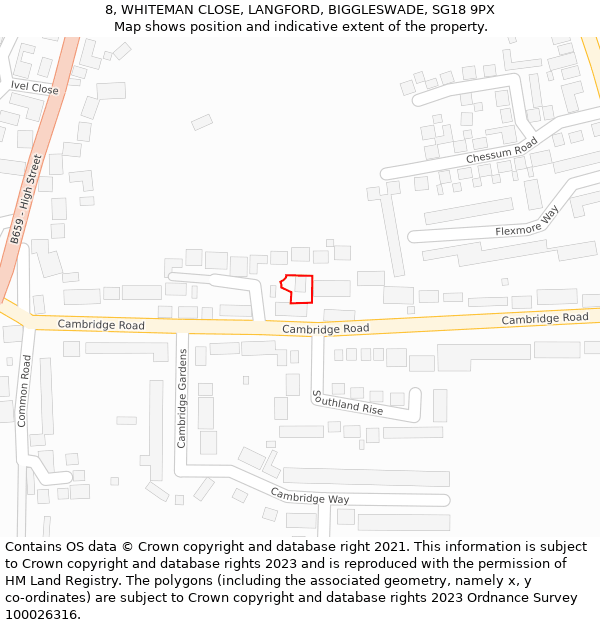 8, WHITEMAN CLOSE, LANGFORD, BIGGLESWADE, SG18 9PX: Location map and indicative extent of plot