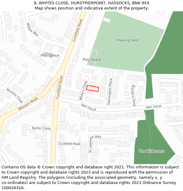 8, WHITES CLOSE, HURSTPIERPOINT, HASSOCKS, BN6 9XX: Location map and indicative extent of plot