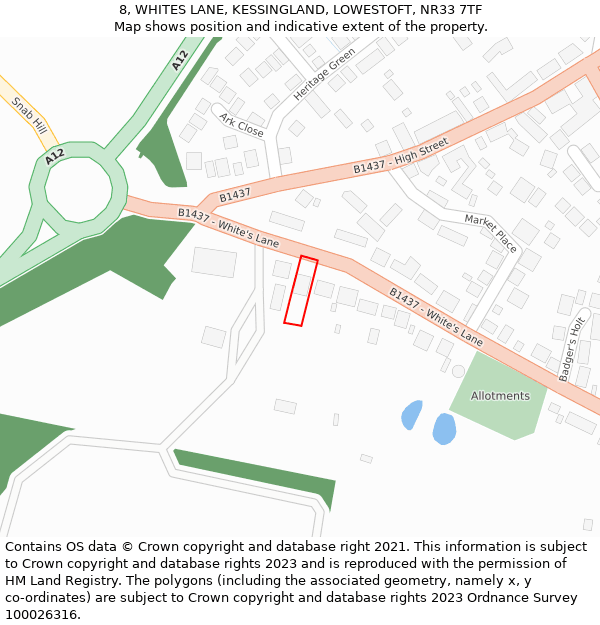8, WHITES LANE, KESSINGLAND, LOWESTOFT, NR33 7TF: Location map and indicative extent of plot