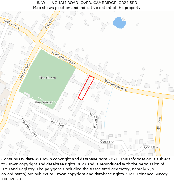 8, WILLINGHAM ROAD, OVER, CAMBRIDGE, CB24 5PD: Location map and indicative extent of plot