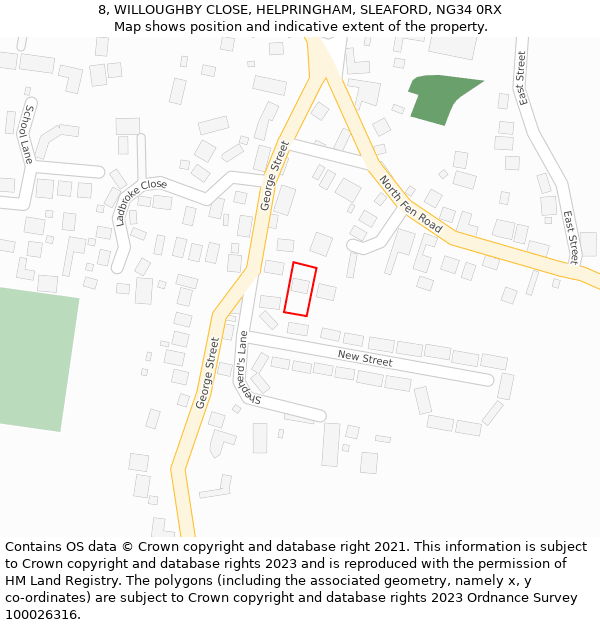 8, WILLOUGHBY CLOSE, HELPRINGHAM, SLEAFORD, NG34 0RX: Location map and indicative extent of plot