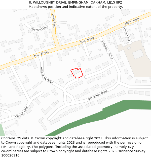 8, WILLOUGHBY DRIVE, EMPINGHAM, OAKHAM, LE15 8PZ: Location map and indicative extent of plot