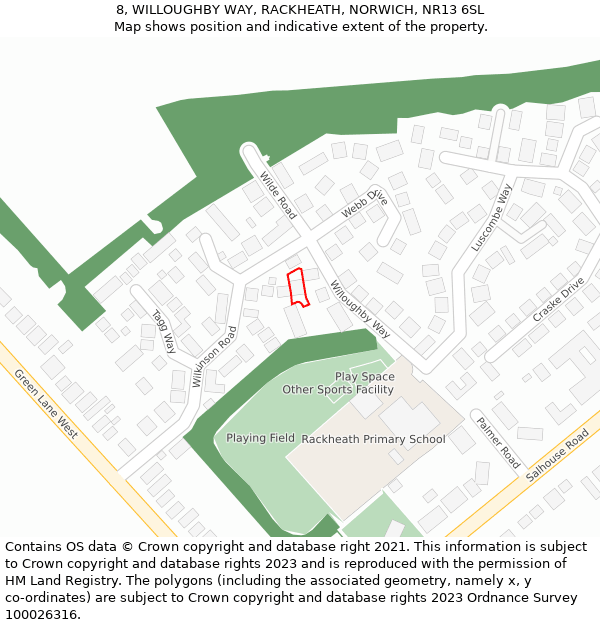 8, WILLOUGHBY WAY, RACKHEATH, NORWICH, NR13 6SL: Location map and indicative extent of plot