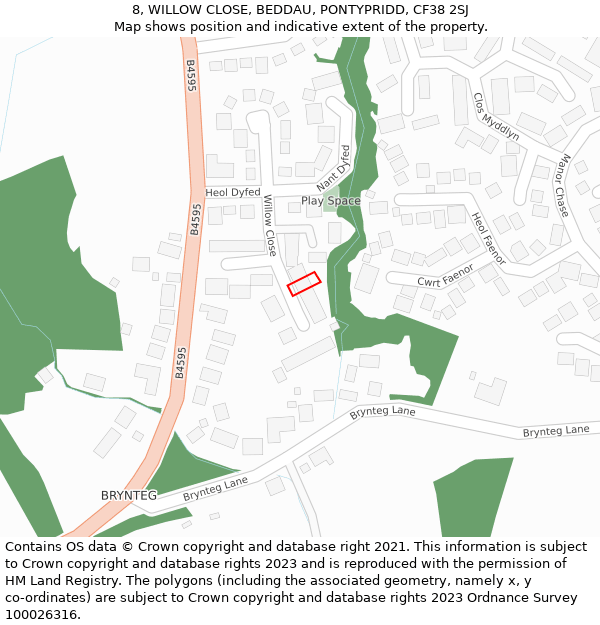 8, WILLOW CLOSE, BEDDAU, PONTYPRIDD, CF38 2SJ: Location map and indicative extent of plot