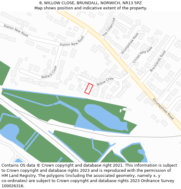 8, WILLOW CLOSE, BRUNDALL, NORWICH, NR13 5PZ: Location map and indicative extent of plot