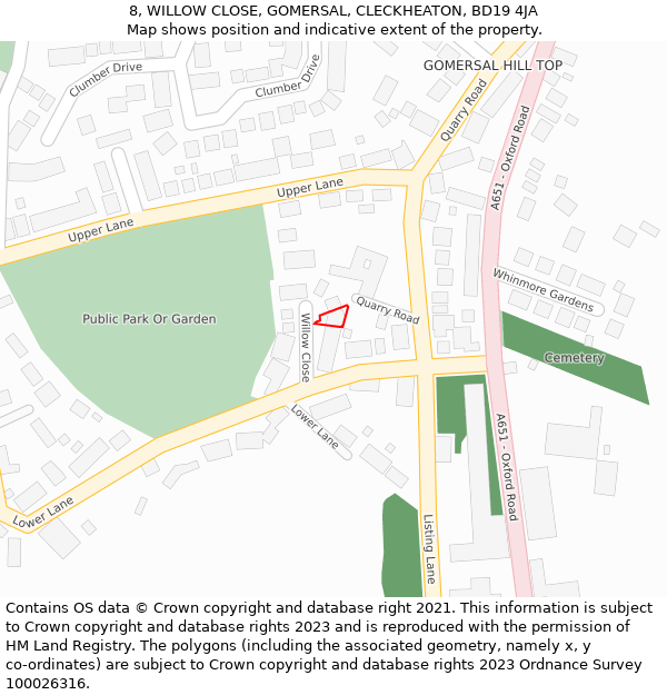 8, WILLOW CLOSE, GOMERSAL, CLECKHEATON, BD19 4JA: Location map and indicative extent of plot