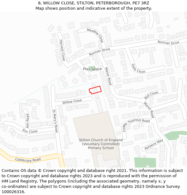 8, WILLOW CLOSE, STILTON, PETERBOROUGH, PE7 3RZ: Location map and indicative extent of plot