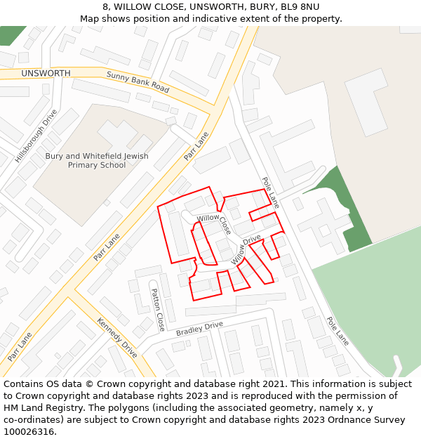 8, WILLOW CLOSE, UNSWORTH, BURY, BL9 8NU: Location map and indicative extent of plot