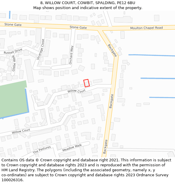 8, WILLOW COURT, COWBIT, SPALDING, PE12 6BU: Location map and indicative extent of plot