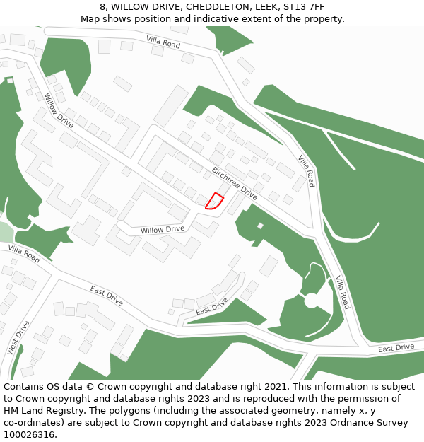 8, WILLOW DRIVE, CHEDDLETON, LEEK, ST13 7FF: Location map and indicative extent of plot