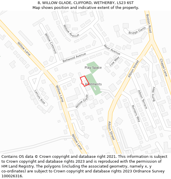 8, WILLOW GLADE, CLIFFORD, WETHERBY, LS23 6ST: Location map and indicative extent of plot