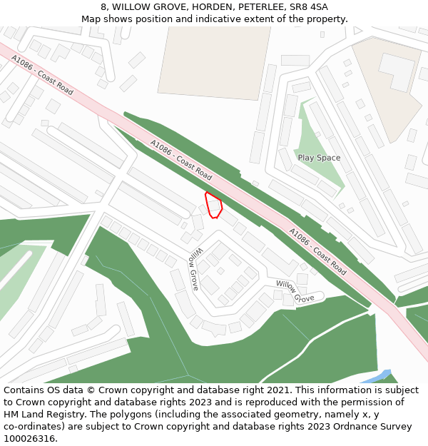 8, WILLOW GROVE, HORDEN, PETERLEE, SR8 4SA: Location map and indicative extent of plot