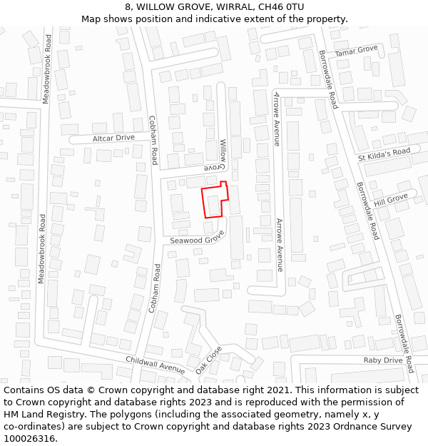 8, WILLOW GROVE, WIRRAL, CH46 0TU: Location map and indicative extent of plot