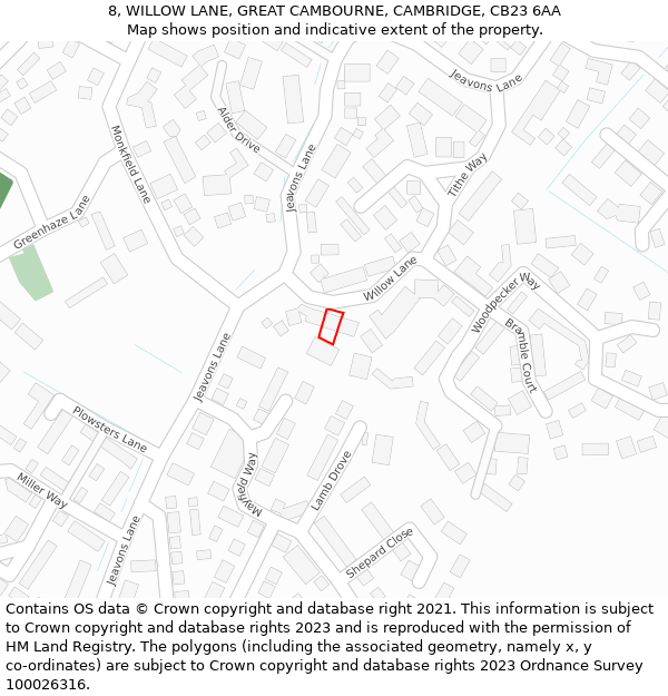 8, WILLOW LANE, GREAT CAMBOURNE, CAMBRIDGE, CB23 6AA: Location map and indicative extent of plot